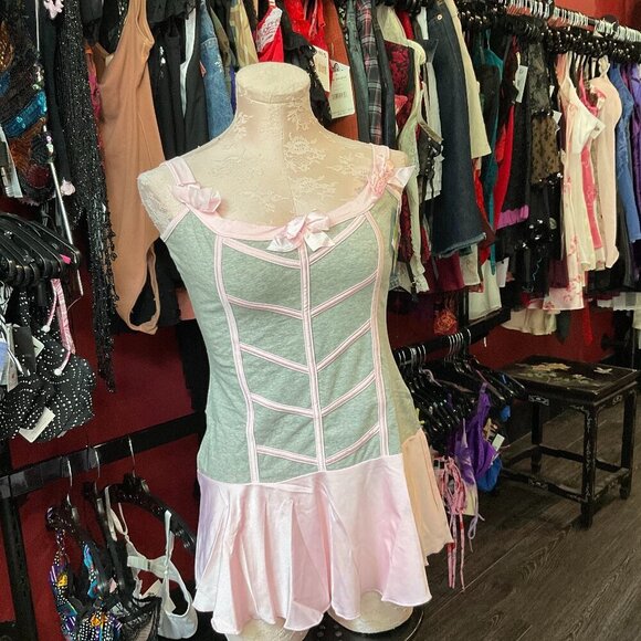 Vintage Y2K Coquette Bow Front Jersey/Lycra Babydoll Dress Size M Pink/Blue - Picture 1 of 4